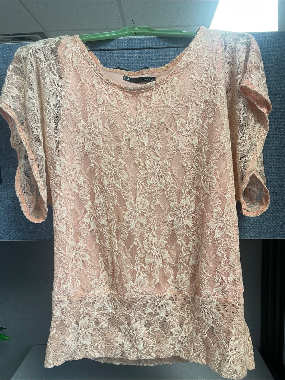 Maurices Peach-Pink Lace Overlay Short Sleeve Top